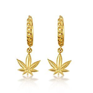 10K Yellow Gold Leaf Cannabis Cuban Link Huggie Earrings